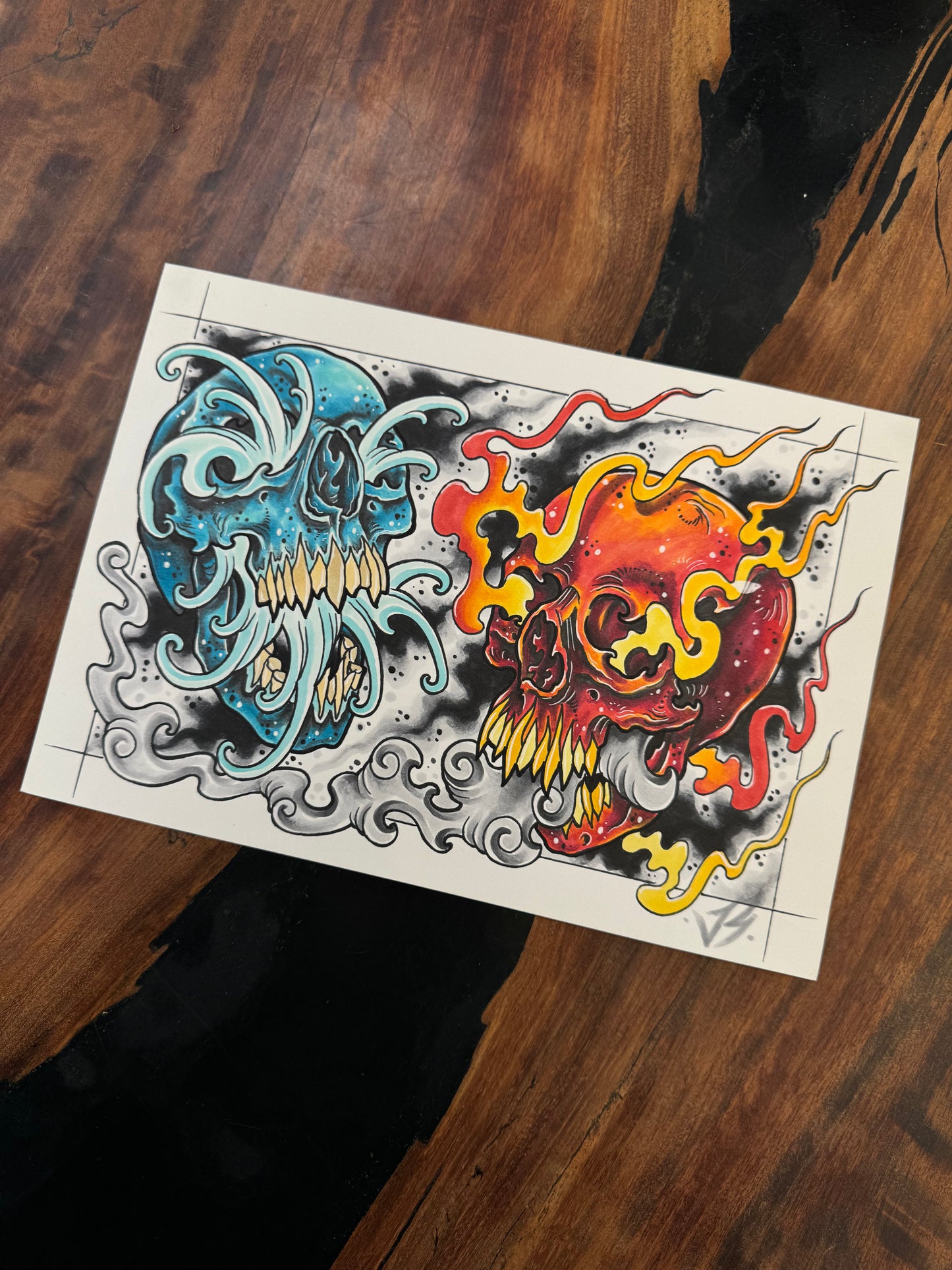 "Fire and water skulls" Original drawing