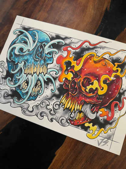 "Fire and water skulls" Original drawing